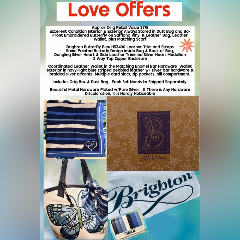 Brighton Embroidered Butterfly Saffiano Vinyl Bag  Wallet Scarf Dust Bag & Box